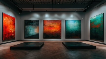 Fototapeta premium Modern art exhibition hall with four large abstract paintings displayed on raised platforms. Illuminated gallery space.