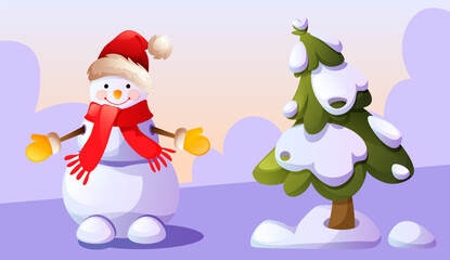 A cheerful snowman in a red Santa hat, red scarf and yellow mittens stands next to a Christmas tree in the snow. Snowman against the background of a snowy landscape. Winter fun, games.
