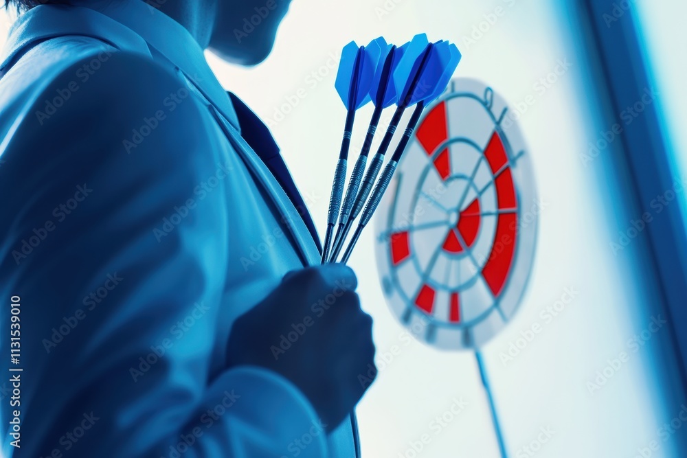 Poster a figure stands confidently with darts, ready to set goals against a dartboard, symbolizing focus, p