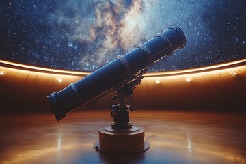 Telescope under a starry sky in an observatory dome