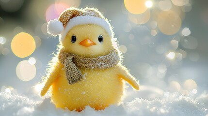Obraz premium Cute yellow chick in Santa hat and scarf on snow.