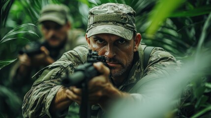 Obraz premium Fully equipped soldiers navigate through thick jungle undergrowth, showcasing their tactical skills and focus while preparing for an operation