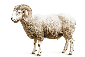 Fototapeta premium Sepia-toned illustration of a merino sheep with large curled horns, facing left, set against a white background