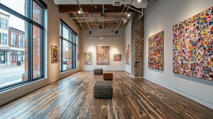 Modern art gallery interior with large windows, hardwood floors, and colorful paintings.