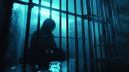 Fototapeta premium silhouette of a prisoner behind bars