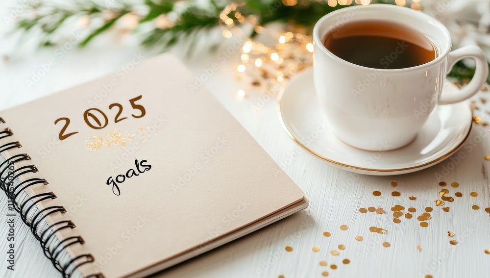 Poster the image shows a cozy scene with an open planner marking 2025 goals, a warm cup of coffee, and a fe