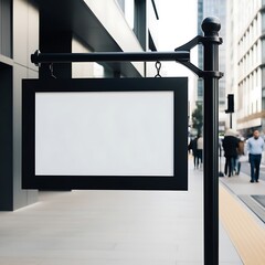 Fototapeta premium simple, matte black rectangular signboard with blank white surface in the middle. The signboard is hanging from a sturdy black metal frame, located beside a bustling city street.