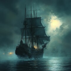 Fototapeta premium Large sailing ship at night, moonlit sea.