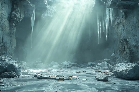 A mystical ice cave illuminated by beams of light with scattered coins.