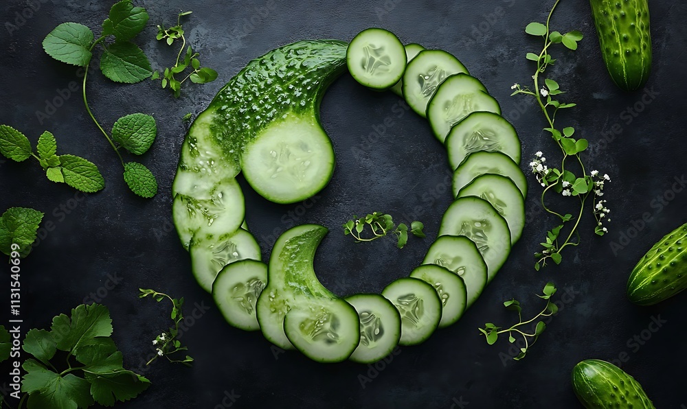 Poster cucumber slices arranged in yin yang symbol design