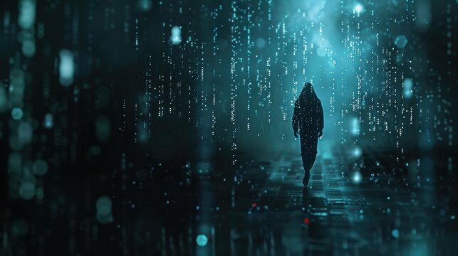 Mysterious hacker walking under a rain of binary code in a dark cyberspace, exploring virtual reality and big data in a futuristic technological environment