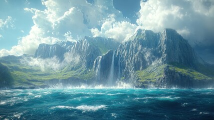 Fototapeta premium Waterfall cascades into stormy ocean, majestic mountains.