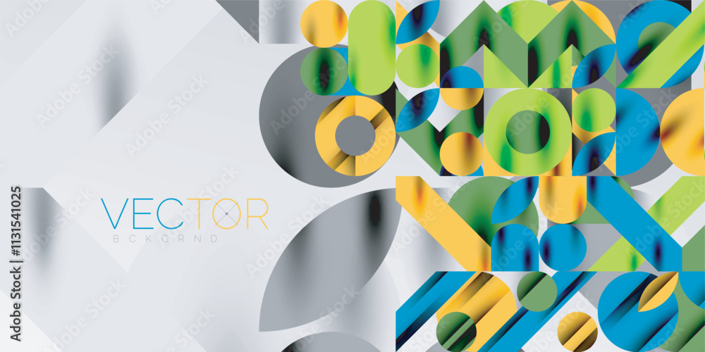 Poster colorful simple dynamic geometric forms circles lines and round shapes. mosaic techno art concept. v