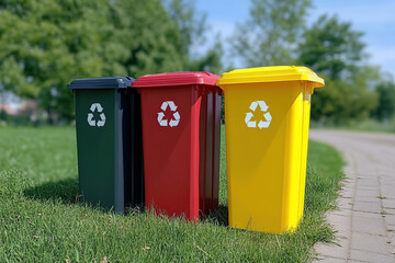 Collection of waste bins with emblems standing in a row