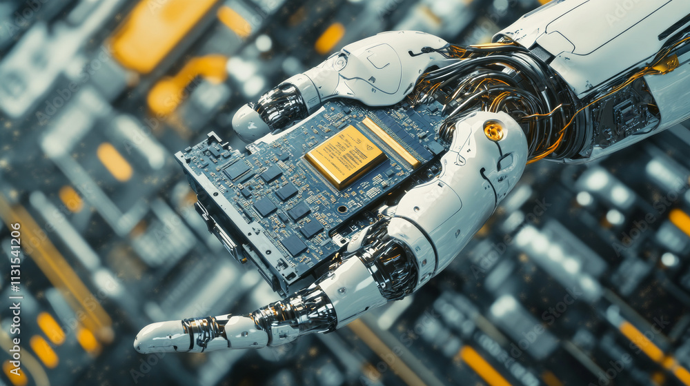 Aufkleber modern high tech authentic robot arm holding contemporary super computer processor. industrial robot