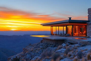 A modern house perched on a cliff with a stunning sunset view.