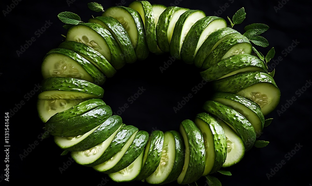 Poster cucumber slices arranged in a circular pattern with mint leaves