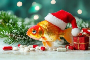 Goldfish in Water Wearing Santa Hat.