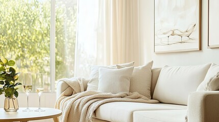 Sunlit living room with beige sofa, throw, cushions, and champagne glasses on a coffee table.
