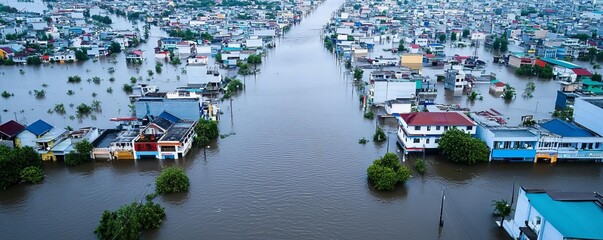 Aerial view of a city with floodwaters spreading through streets, flood disaster, urban flooding