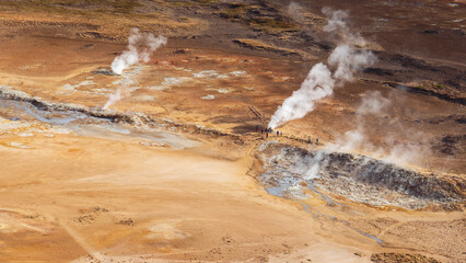Steaming geothermal field Hverarönd (Hverir) at Námafjall (Námaskarð), Iceland, resembling a...