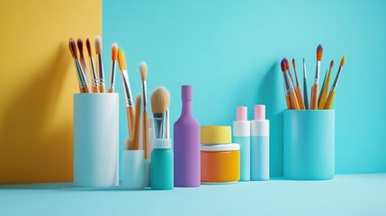 Fototapeta premium Colorful paintbrushes, bottles, and jars on pastel background.