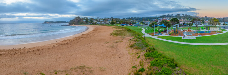 Fototapeta premium Aerial Sunrise Panorama at the Seaside and Park in Malua Bay