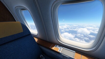 Fototapeta premium Airplane seat window view clouds sky.