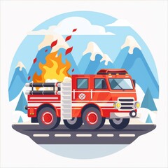 Obraz premium Cartoon Style Fire Truck Fire Engine Fire Fighter White Background
