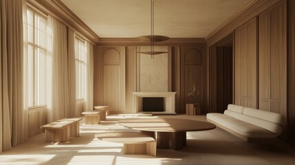 Modern minimalist living room with wooden features and sunlight