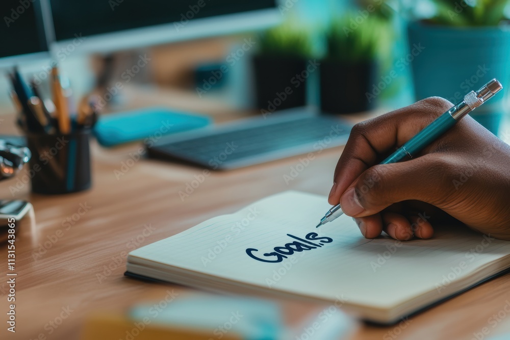 Poster a detailed closeup view showcasing a hand skillfully holding a pen, meticulously writing the word go
