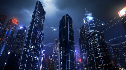 Obraz premium Futuristic Smart City Skyline with Illuminated Skyscrapers and Digital Connectivity at Night