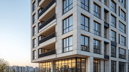 Fototapeta premium Modern apartment building with stone facade and balconies at sunset.