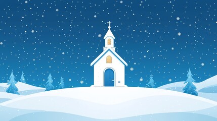 Fototapeta premium Snowy winter scene with a church and pine trees.