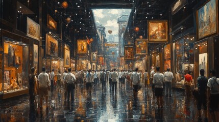 Obraz premium Rainy city street, art gallery, crowded, evening.