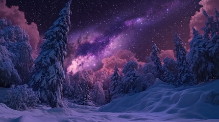 Fototapeta premium Fairy forest covered with snow in a moon light. Milky way in a starry sky. Christmas and New Year winter night.