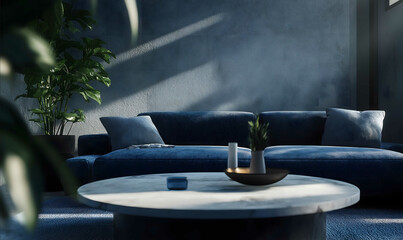 Modern interior design accentual and subtle features a living room with a indigo denim texures The...