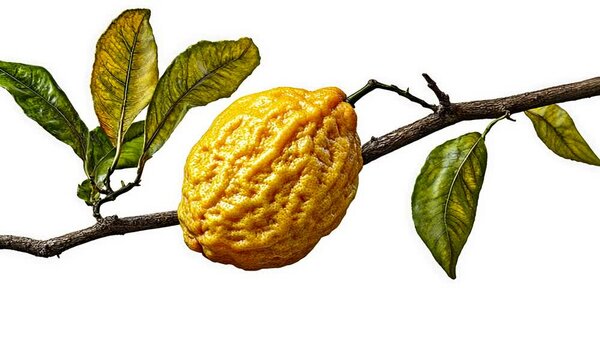 A single etrog fruit on a branch with leaves, isolated on white.