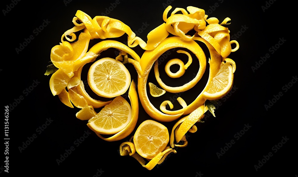 Poster lemon peels and slices arranged in a heart shape