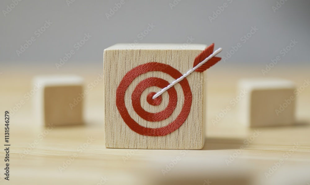 Aufkleber A wooden block displaying a red target with an arrow hitting the bullseye, symbolizing achievement, focus, and the pursuit of personal and professional goals, showcasing dedication to aspirations