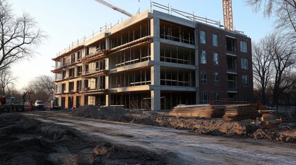 Fototapeta premium Construction site of a building under development with cranes during daylight