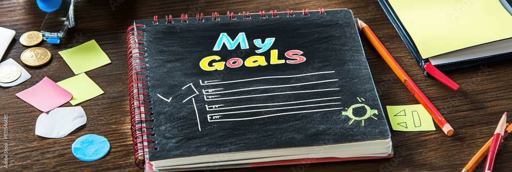 Poster in this organized workspace, an inspiring notebook titled my goals is surrounded by colorful sticky 
