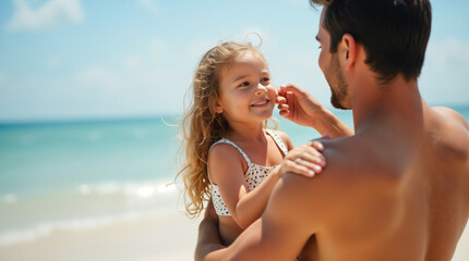 Father applying sunscreen to daughter's face on sunny beach, promoting skin protection and family fun