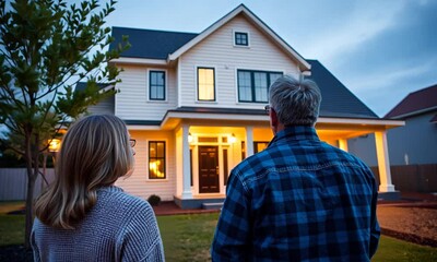 Evening tranquility as a couple admires a charming house lit by soft golden lights in a peaceful neighborhood