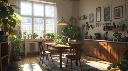 Obraz premium Sunlit Kitchen With Plants And Wooden Furniture