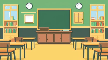 A classroom with bookshelves, a green chalkboard, desks, and chairs. The room is well-organized with colorful books and framed pictures on the walls.