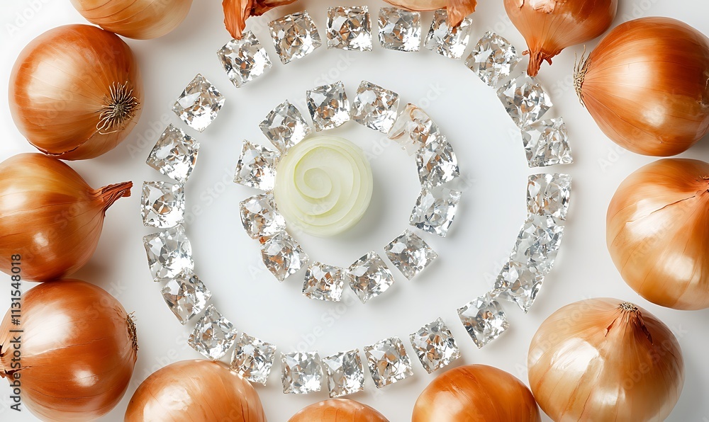 Poster onions arranged with sparkling crystals in a circular design
