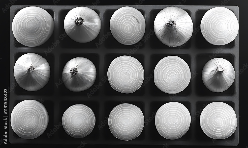 Aufkleber white onions arranged in a tray showing different views