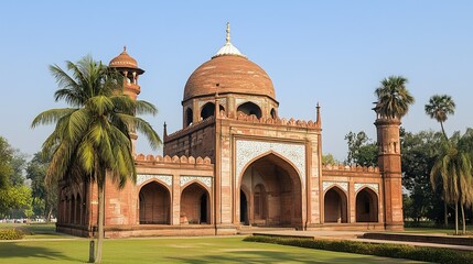Naklejka premium Safdarjung Tomb, a historic red sandstone mausoleum, stands surrounded by green lawns and palm trees under a clear blue sky in New Delhi, India.