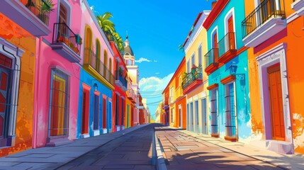 Fototapeta premium A colorful European-style street with vibrant buildings, flower boxes, cobblestone road, and a clear blue sky.